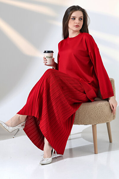 ALCHON Yuvarlak Bisiklet Yaka Uzun Kol Battal Boy Kazak Beli Lastikli Bilek Boy Pile Etek İkili Triko Takım