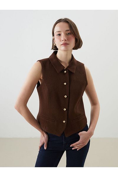 LC Waikiki Lcwaikiki Classic Brown Shirt Collar Textured Women's Vest