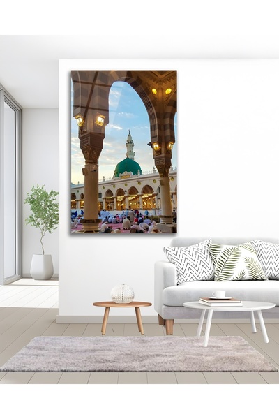 Çağ Baskı Medine Mescidi Nebevi İslami Dini Cam Tablo Modern Ev Ofis Salon Duvar Oda Dekoru Hediyelik
