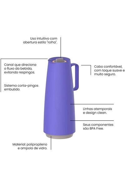 TRAMONTINA Since 1911, Made In Brazil - Exata Purple Plastic Thermal Flask With 1 Liter Glass Liner