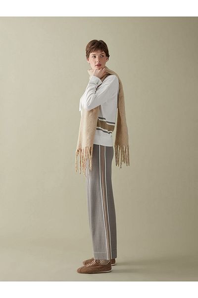 LC Waikiki Lcwaikiki Classic Beige Women's Knitwear Trousers with Elastic Waistband and Stripe Detail