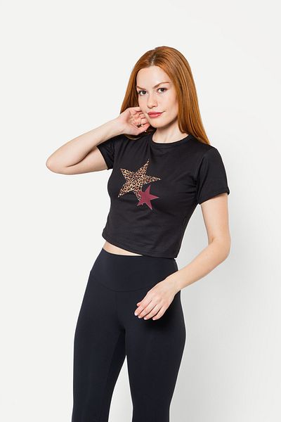 Sekizbiraltı Crop negru cu imprimeu Y2k Star