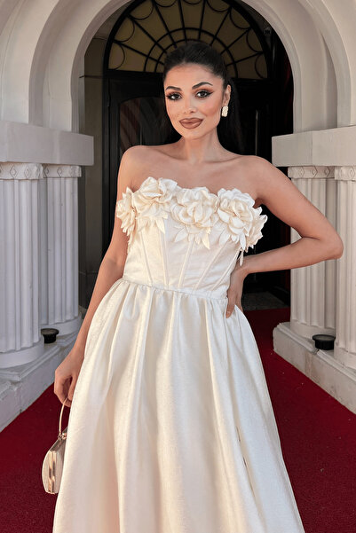 giyimmasalı Βραδινό φόρεμα με λεπτομέρεια από ύφασμα ταφτά Rose Bra - CREAM