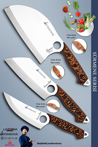 SÜRMENOX Sürmene Serisi Outdoor Kamp Bıçağı Mutfak Şef Bıçağı Deri Kılıflı 3 ...