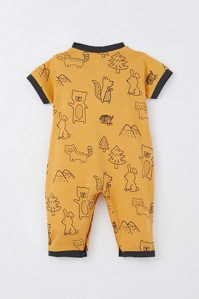 Breeze Baby Boy Short Sleeve Jumpsuit Jungle Themed Animals Patterned 0-6 Months, Mustard Yellow