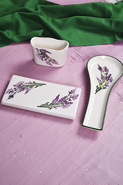 Piatti Naturali Σετ κουζίνας 3 τεμαχίων με σχέδιο λεβάντας, θήκη για κουτάλια, στάση για σφουγγάρι, στάση για σκεύη λαδιού