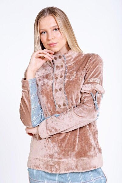 Sassofono Ekose Garni Detaylı Yarım Balıkçı Yaka Kadife Sweatshirt