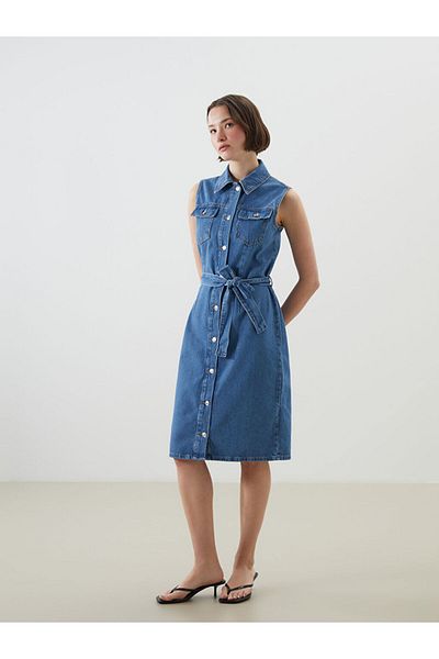 LC Waikiki Blue Shirt Collar Women's Jean Dress