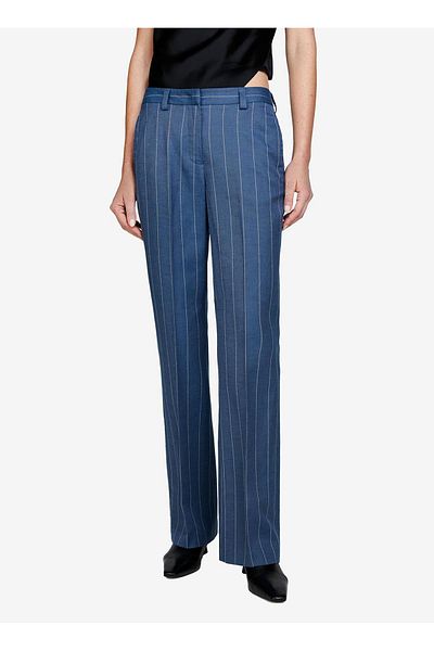 Sisley Blue Women's High Waisted Linen Trousers 47I2Lf04X