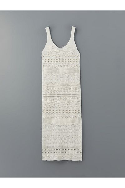 LC Waikiki Lcwaikiki Classic Ecru V-Neck Openwork Women's Knitwear Dress