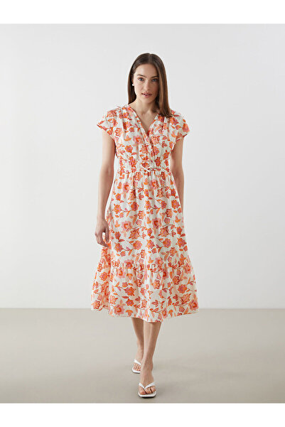 LC Waikiki Zweireihiges Damenkleid mit Kragen und Blumenmuster