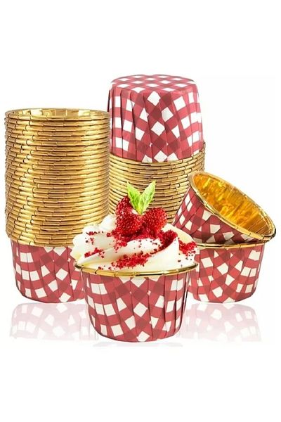 Dolphin Red Gingham Gold Metallic 25-Piece Baking Muffin Cupcake Cake Mold Container Capsule 6.5x4cm