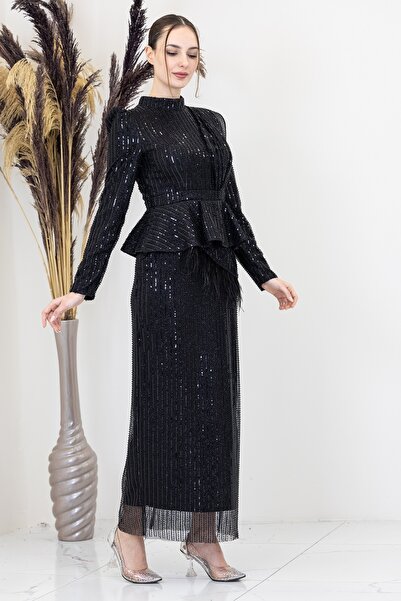 Genel Markalar Peplum Detaylı Otriş Tüylü Pamira Abiye