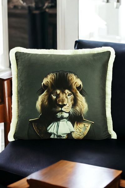 ASDİVA Lion Patterned Luxury Decorative Animal Figure Fringed Avant-Garde Velvet Throw Pillow Case Artistic Design