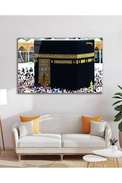 Çağ Baskı Kabe Mekke Mescid-i Haram İslami Dini Cam Tablo Modern Ev Ofis Salo...