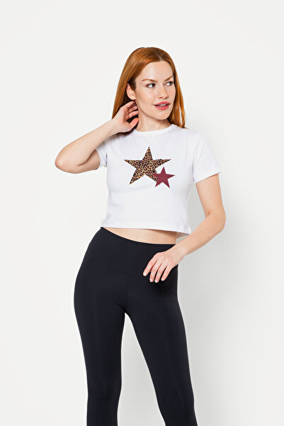 Sekizbiraltı Y2k Star Printed Λευκό Crop Top