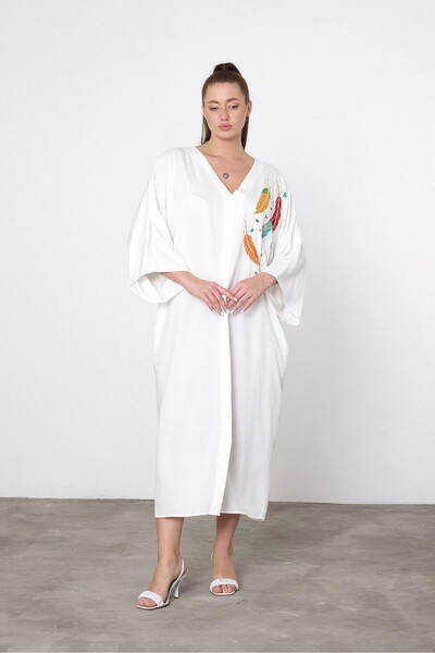 Denismoda Vpv042 V-Neck Leaf Embroidery Dty.Pocket Authentic Shirt Dress White