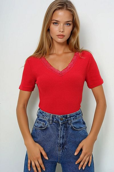 VAGGON Women's Red Front Back V-Neck Lace Detailed Short Sleeve Blouse Prmx13683