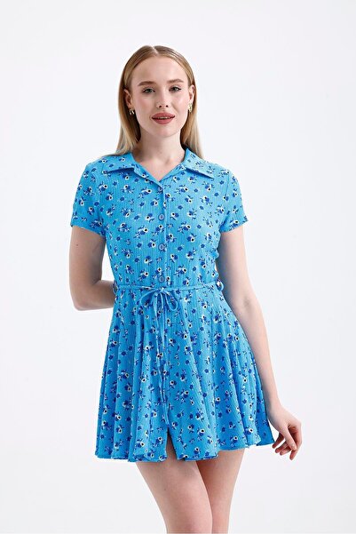 Miss Murem Skirt Piece Patterned Raschel Dress-Violet Blue