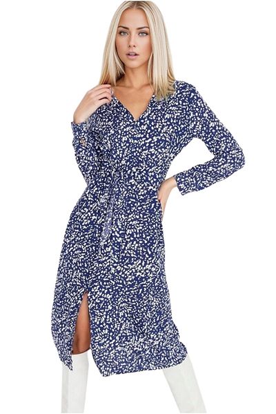 Cassime Rochie cămașă midi din viscoză cu model floral albastru și alb