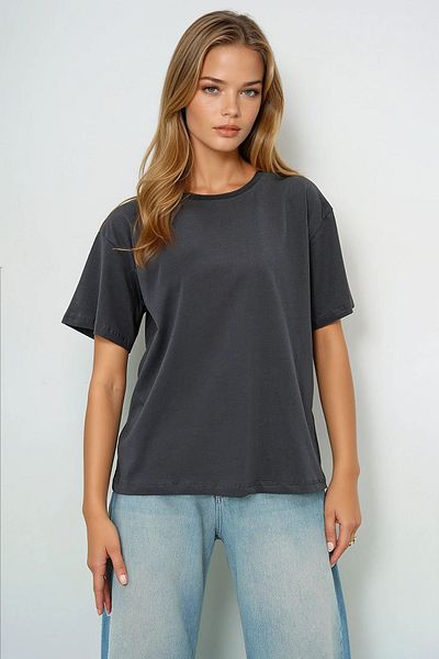 VAGGON Women's Crew Neck Anthracite Basic T-Shirt Prmx13684