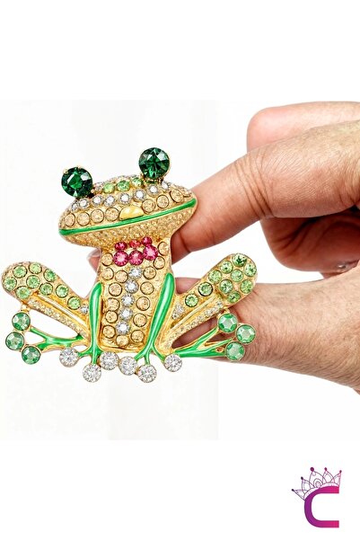 Cinderella Kurbağa Tasarım Taşlı Kadın Broş - Sevimli Hediyelik Aksesuar Çant...