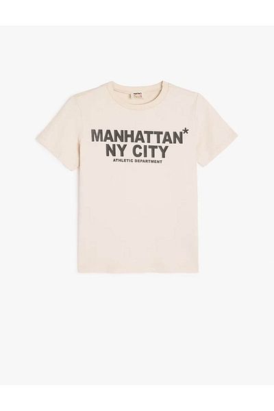 Koton Slogan Printed Crew Neck Short Sleeve Cotton Beige Boy's T-Shirt 5Skb10058Tk
