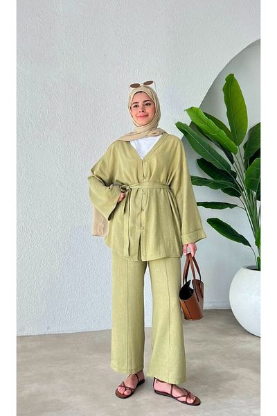 My Blog Khaki 100% Cotton Belted Shirt Trousers Suit - 034