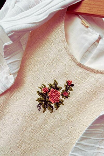 Minik Dolap Thin Bolero Lace Skirt Linen Girl's Dress - Floral Embroidery