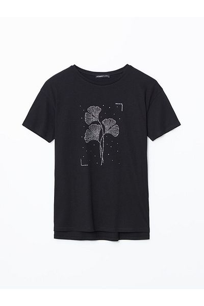 LC Waikiki LCWAIKIKI Klassisches schwarzes Damen-T-Shirt aus gekämmter Baumwolle mit Rundhalsausschnitt