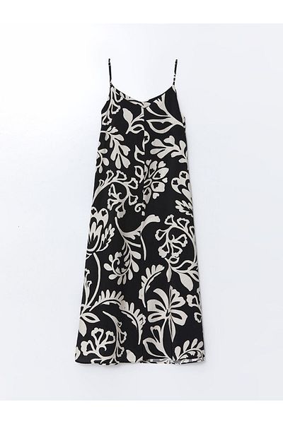 LC Waikiki Lcwaikiki Classic Black V-Neck Floral Strap A-Line Dress for Women