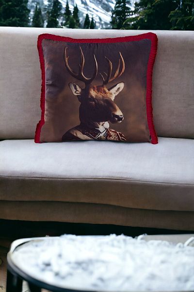 ASDİVA Deer Patterned Luxury Decorative Animal Figure Fringed Avant-Garde Velvet Throw Pillow Case Artistic Design