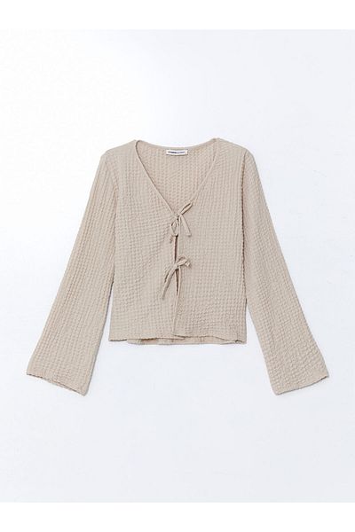 LC Waikiki Lcwaikiki Classic Gray V-Neck Textured Women's Cardigan