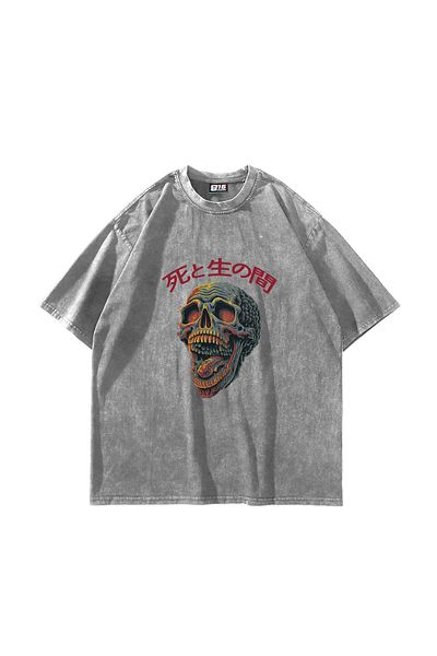 Sekizbiraltı Skull Scream Printed Oversize Unisex Washed White Tshirt