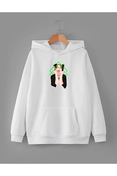 RPT MODA Oversized Casual Cutted Billee Printed Detail Hooded Basic Sweatshirt Top