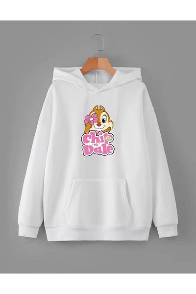 RPT MODA Oversized Casual Cut Rabbit Print Detail Hooded Basic Sweatshirt Top