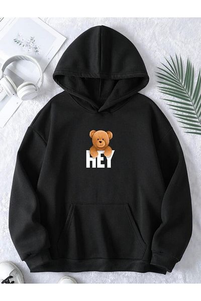 RPT MODA Oversized Casual Cut Hey Bear Print Detail Hooded Basic Sweatshirt Top