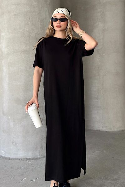 Ded COLLECTION Women's Crew Neck Side Slit Detailed Midi Length Comfortable Fit Short Sleeve Dress