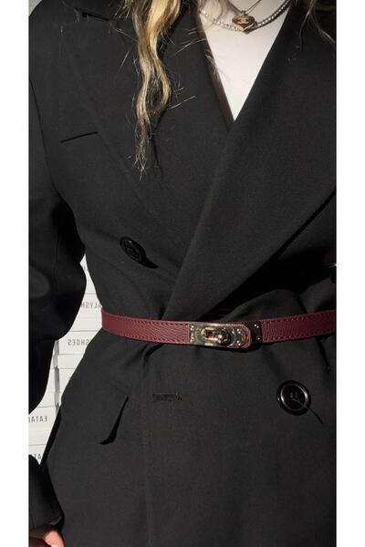 Eataly Shoes حزام أحمر كلاريت مع إبزيم قفل ذهبي وتفاصيل خياطة