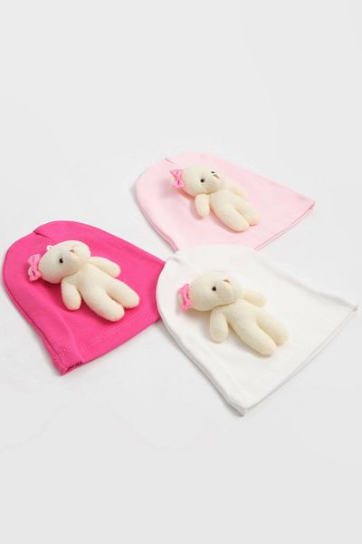 LOGO AKSESUAR Baby Girl Plush Bear 3-Piece Cotton Beanie
