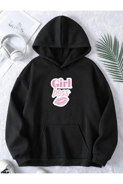 RPT MODA Oversized Casual Cut Pink Girl Print Detail Hooded Basic Sweatshirt Top