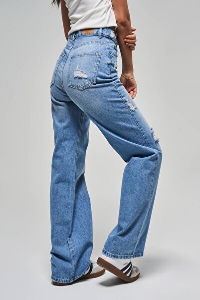 its basic Μπλε τζιν χρώμα Γυναικείο τζιν τζιν λέιζερ με λεπτομέρεια 100% βαμβακερή ψηλή μέση