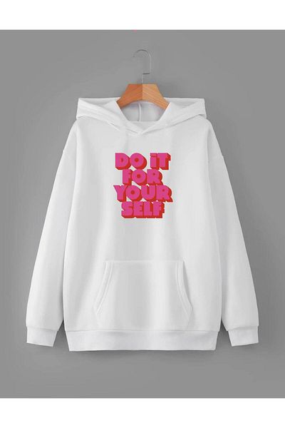 RPT MODA Oversized Relaxed Cut Pink Do It Your Self Print Detail Hooded Basic Sweatshirt Top