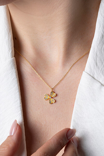 Elika Silver 925 Ayar Gümüş Kalpli Lotus Model Kolye- Zirkon Taşlı Yonca Kolye