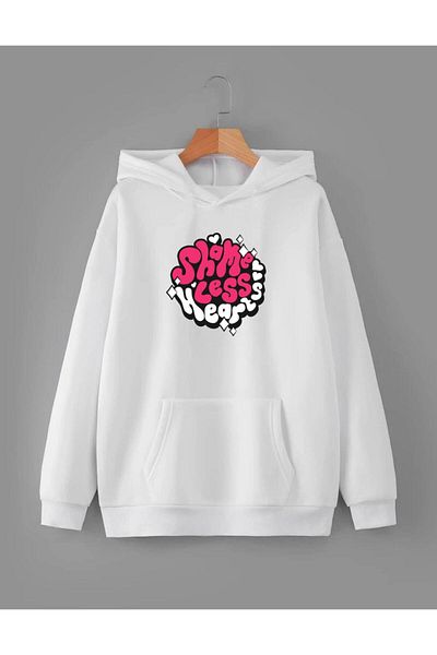RPT MODA Oversized Casual Cut Pink  Print Detail Hooded Basic Sweatshirt Top