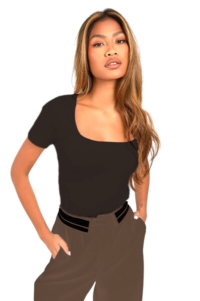 Rooted Γυναικείο σκούρο καφέ, κοντομάνικο βαθύ μπαστούνι, μπλουζάκι και μπλούζα με στρογγυλή λαιμόκοψη