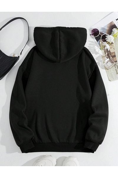 RPT MODA Oversized Casual Cut Flowers Printed Detail Hooded Basic Sweatshirt Top