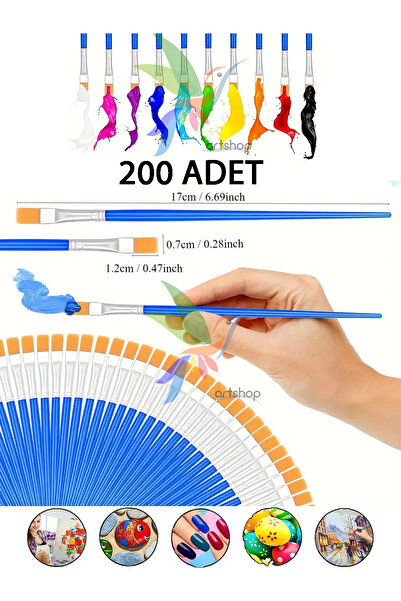 Artshop 200 ADET Düz Uçlu Fırça Akrilik Boya, Yağlı, Guaj, Sulu Boya, Parmak Boyası İçin