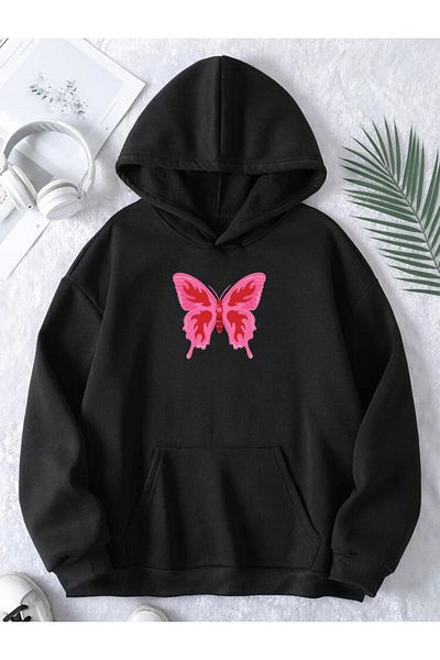 RPT MODA Oversized Casual Cut Pink Butterfly Print Detail Hooded Basic Sweatshirt Top