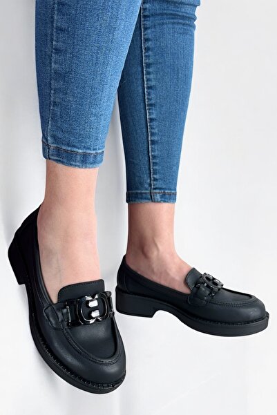 Y&D Shoes Pantofi de damă loafers Black Skin Black cu cataramă Casual